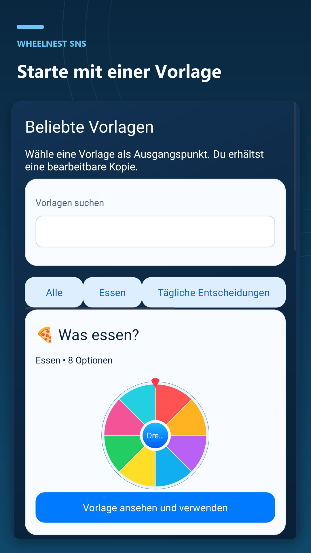 Erstelle eigene Räder oder nutze Vorlagen für Mahlzeiten, Namen und Aktivitäten.