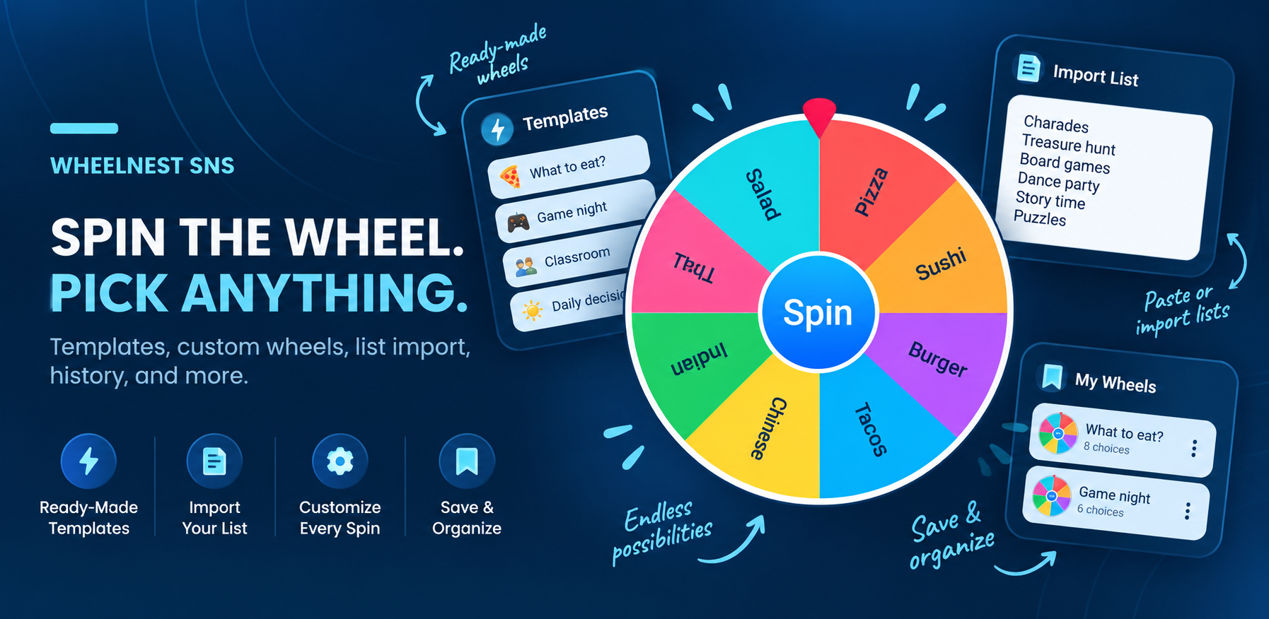WheelNest SNS promotional artwork with a colorful wheel, templates, imported lists, and saved wheels
