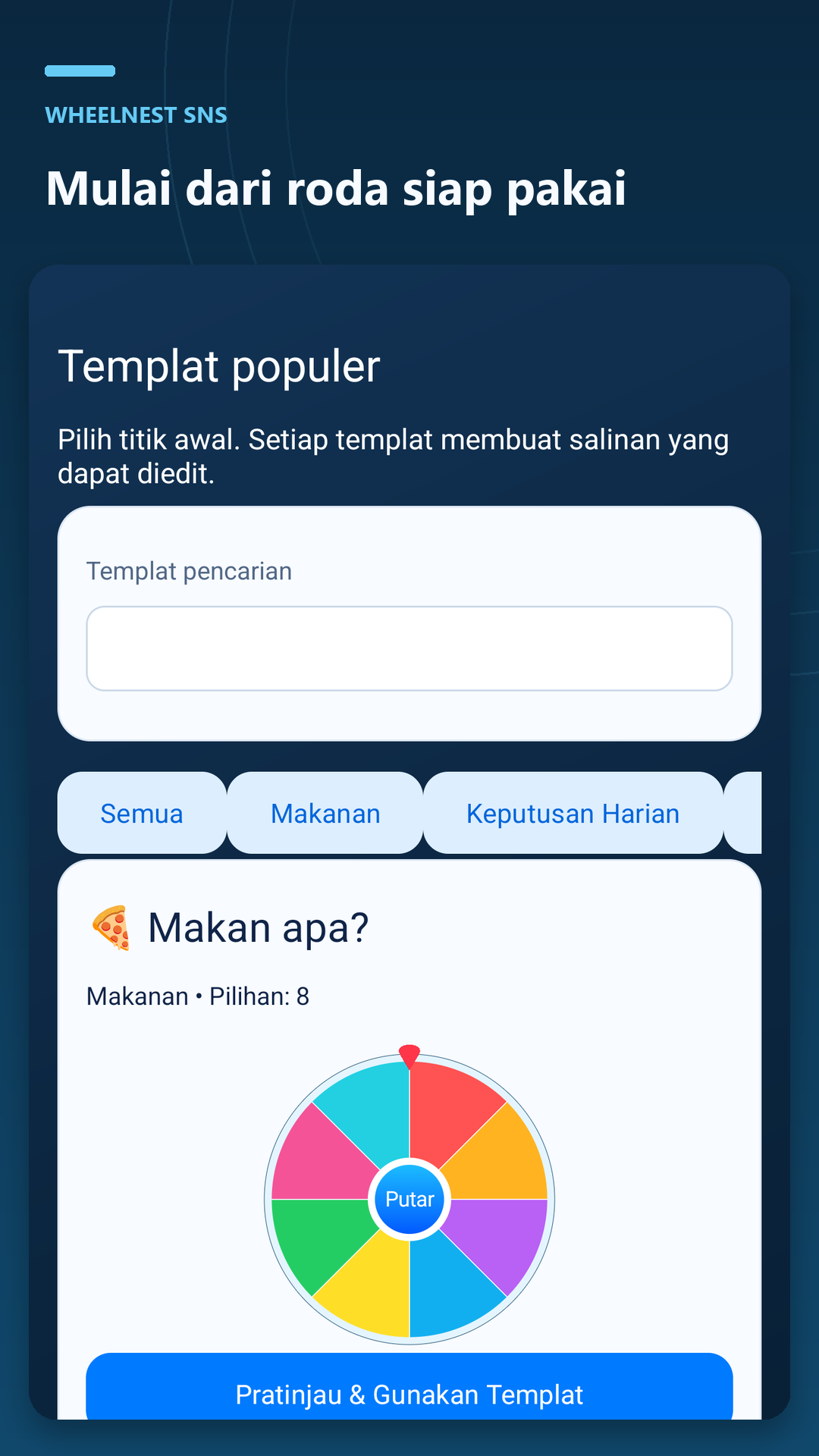Buat roda sendiri atau gunakan templat untuk makanan, nama, dan kegiatan.