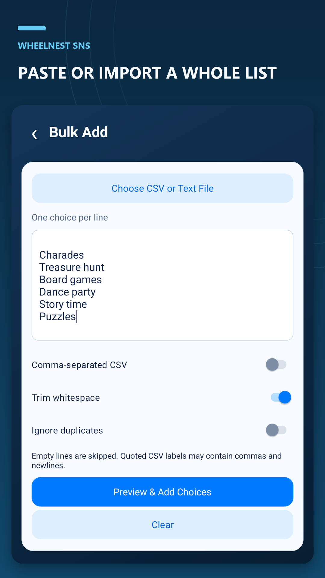 WheelNest bulk-add screen for pasted or imported choices