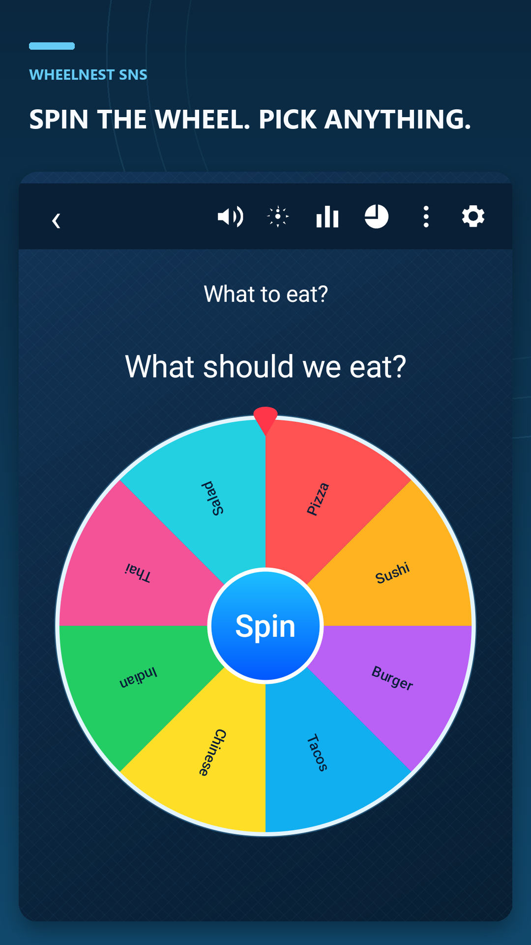WheelNest dinner wheel showing food choices and the Spin button